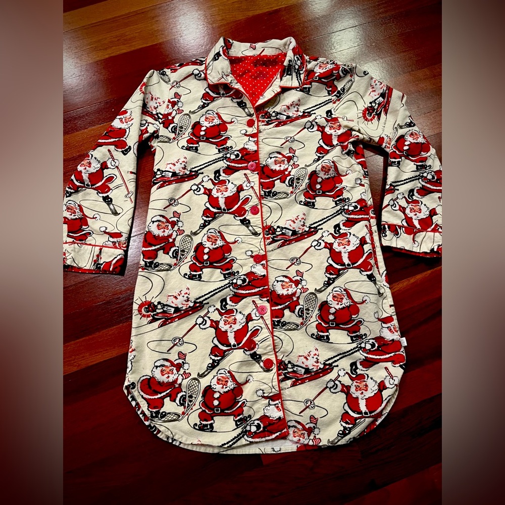 Nick & Nora Skiing Santa Red and Cream Flannel Nightshirt